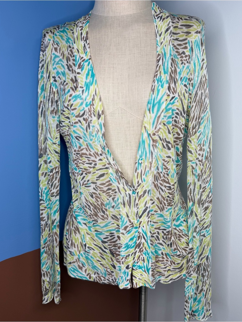 Nic + Zoe Linen Blend turquoise Abstract Print Cardigan Size Medium